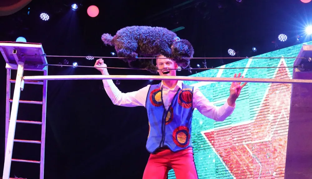 A performer is walking a tightrope with a large fluffy animal balanced on his head under colorful stage lights