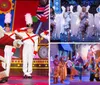 This image features a festive stage performance with a person dressed as Santa Claus dancing among performers in toy soldier costumes under a banner encouraging people to visit Santas Workshop for the Most Fun in the Dells at Christmas