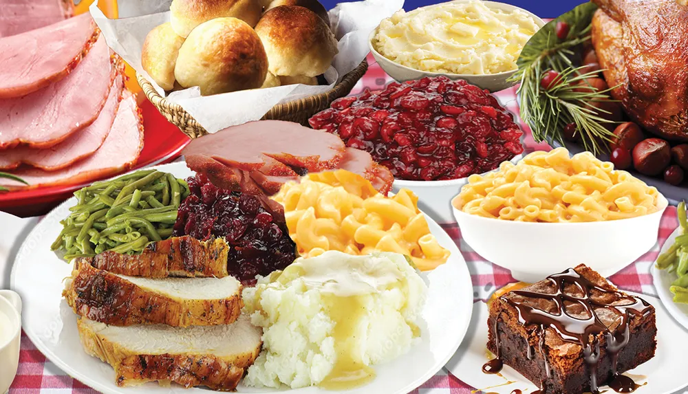 The image features an array of traditional American holiday dishes including roasted turkey ham mashed potatoes green beans cranberry sauce macaroni and cheese dinner rolls and a chocolate dessert