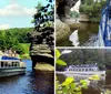 A tour boat named Chicagow is navigating between two large rock formations carrying passengers exploring a scenic waterway