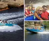 A group of people are enjoying a ride on a blue jet boat named HAWK on a sunny day with natural rock formations in the background