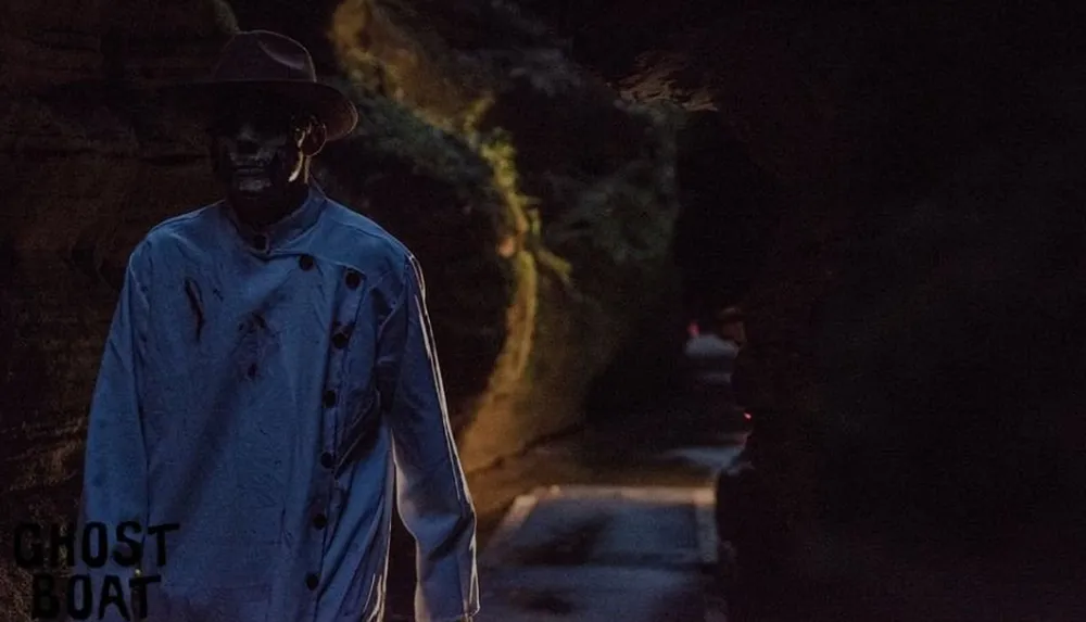 A person wearing a hat and a ghostly painted face stands eerily in a dimly lit outdoor setting with the words GHOST BOAT on the image creating a spooky atmosphere