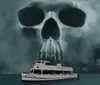 A boat named WENEGO is seen cruising on water with a large ominous skull cloud looming overhead in a grayscale palette