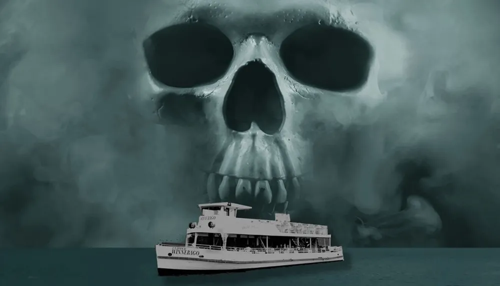 A boat named WENEGO is seen cruising on water with a large ominous skull cloud looming overhead in a grayscale palette