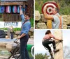 Two individuals wearing plaid shirts are engaging in a log sawing competition outside a shack with various tools and saws laid out around them