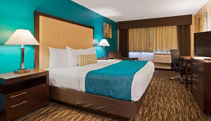 The image shows a well-appointed hotel room with a large bed vibrant teal and brown decor a desk with a chair a television and patterned carpeting