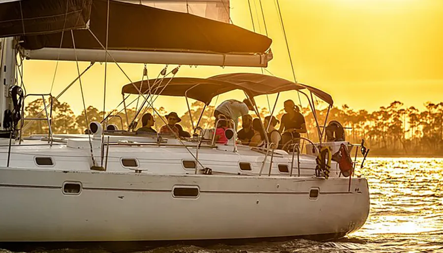A group of people is enjoying a leisurely sail on a yacht during sunset.