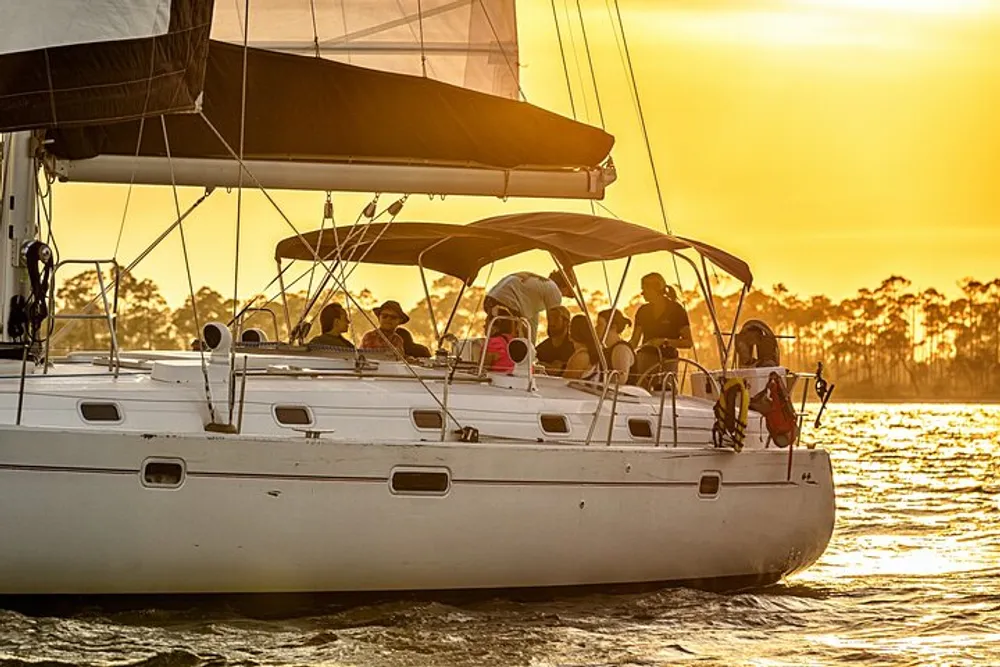 A group of people is enjoying a leisurely sail on a yacht during a golden sunset