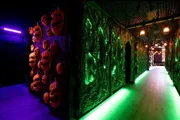 A dimly lit corridor with eerie green lighting features walls decorated with grotesque faces and haunted house-style theming.