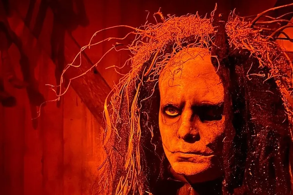 The image shows an individual with eerie corpse-like makeup and wild hair against a red-toned background creating a haunting and dramatic effect