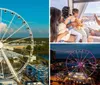 A family is enjoying a scenic view from inside a Ferris wheel gondola with a sunny coastal cityscape stretching out in the background