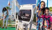 This is a collage of three images depicting different recreational activities: a woman playing mini-golf, a close-up of a ferris wheel cabin labeled 'SkyWheel', and two kids secured with safety harnesses, smiling and ready for an adventure activity.