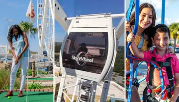 This is a collage of three images depicting different recreational activities: a woman playing mini-golf, a close-up of a ferris wheel cabin labeled 'SkyWheel', and two kids secured with safety harnesses, smiling and ready for an adventure activity.