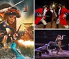 The image depicts a dramatic pirate-themed scene with costumed performers a ship fire effects and a small inset of a hearty meal