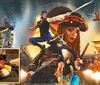 The image depicts a dramatic pirate-themed scene with costumed performers a ship fire effects and a small inset of a hearty meal