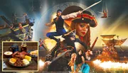 The image depicts a dramatic pirate-themed scene with costumed performers, a ship, fire effects, and a small inset of a hearty meal.