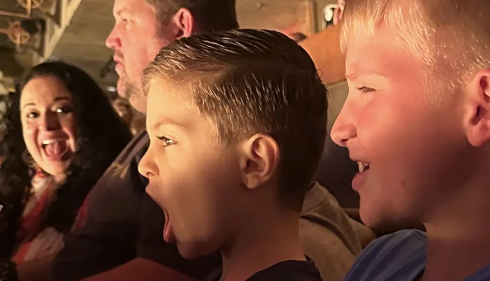 A group of people including two children are reacting with excitement and surprise likely while watching a performance or event