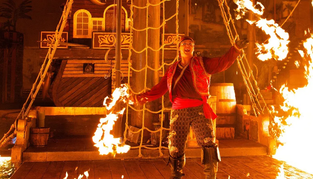 A performer dressed as a pirate is entertaining with a fire show on a ship-like set