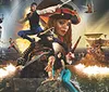 The image depicts a dramatic pirate-themed scene with costumed performers a ship fire effects and a small inset of a hearty meal