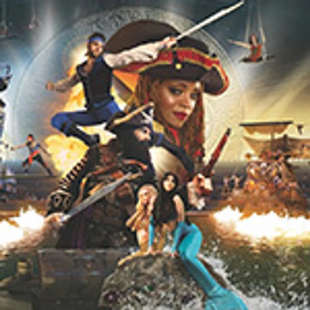 The image features a dynamic scene with pirates a mermaid and acrobats in an adventurous and theatrical setting