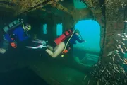 Two scuba divers are exploring the interior of a sunken shipwreck surrounded by fish in clear blue water.
