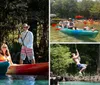 Three people are enjoying a sunny day on the water with colorful kayaks and paddleboards surrounded by a tranquil natural environment