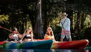 Three people are enjoying a sunny day on the water with colorful kayaks and paddleboards, surrounded by a tranquil natural environment.