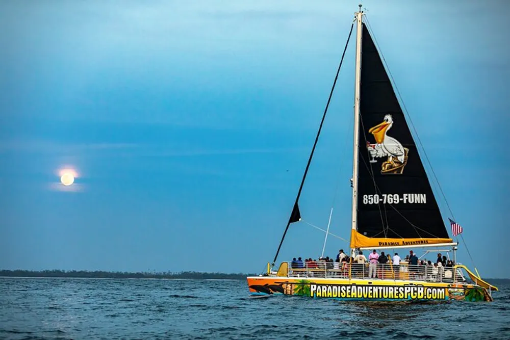 A catamaran with a black sail featuring a pelican graphic sails on tranquil waters under a hazy moon