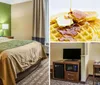 The image shows a neatly arranged hotel room with a queen-sized bed contrasting green and beige walls and modern furnishings