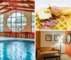 The image shows an indoor swimming pool with a hot tub surrounded by chairs and overlooked by a large circular window inside a room with a vaulted ceiling and exposed wooden beams