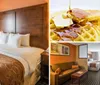 The image shows a neatly made bed with decorative pillows and a brown runner in a well-lit tidy hotel room