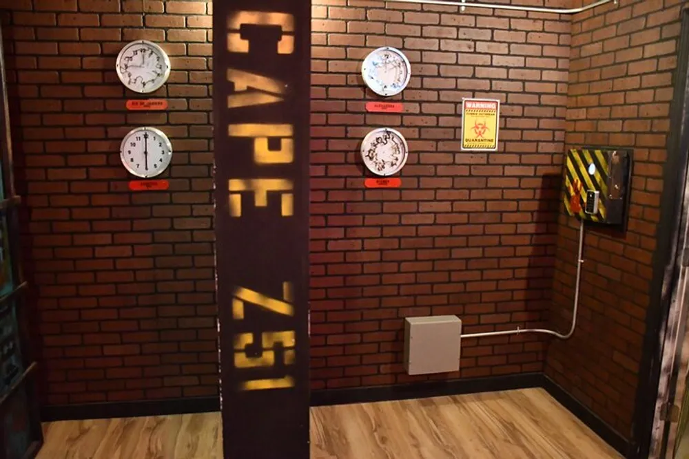 The image shows an interior room with brick walls displaying multiple clocks set to different times a warning sign a dark pillar with CAFE ZAP on it and what appears to be a switch or lever on the right wall