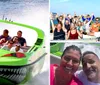 A group of people are experiencing a high-speed thrill ride on a boat designed to look like a menacing green creature with sharp teeth spraying water behind as it races forward