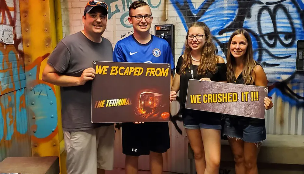 Four people are happily posing with signs indicating that they successfully completed an escape room challenge
