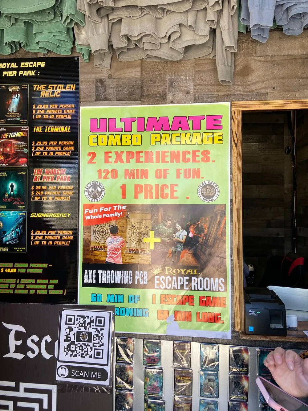 The image shows a promotional advertisement for an Ultimate Combo Package offering two experiences axe throwing and escape room games which amount to 120 minutes of fun for a single price