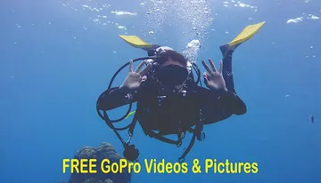 A scuba diver is making a hand signal underwater, with text overlay promoting free GoPro videos and pictures.
