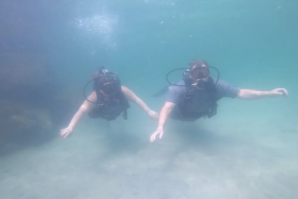 Two scuba divers are underwater equipped with diving gear and fins exploring a relatively clear aquatic environment