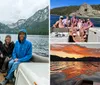 A group of five people wearing warm clothes and smiles are seated on a boat with a scenic backdrop of a mountainous forested area and overcast skies