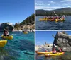 A group of people wearing life vests are smiling and paddling in tandem yellow kayaks on a lake with a backdrop of forested hills and clouds