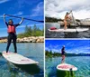 Three people in wetsuits are striking triumphant poses while standing on paddleboards in a clear blue lake with a scenic mountainous backdrop