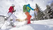 Two people are snowshoeing in a snowy landscape with pine trees under a sunny sky.