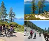 A group of people are posing with their bicycles on a sunny day near a picturesque lake surrounded by mountains and trees