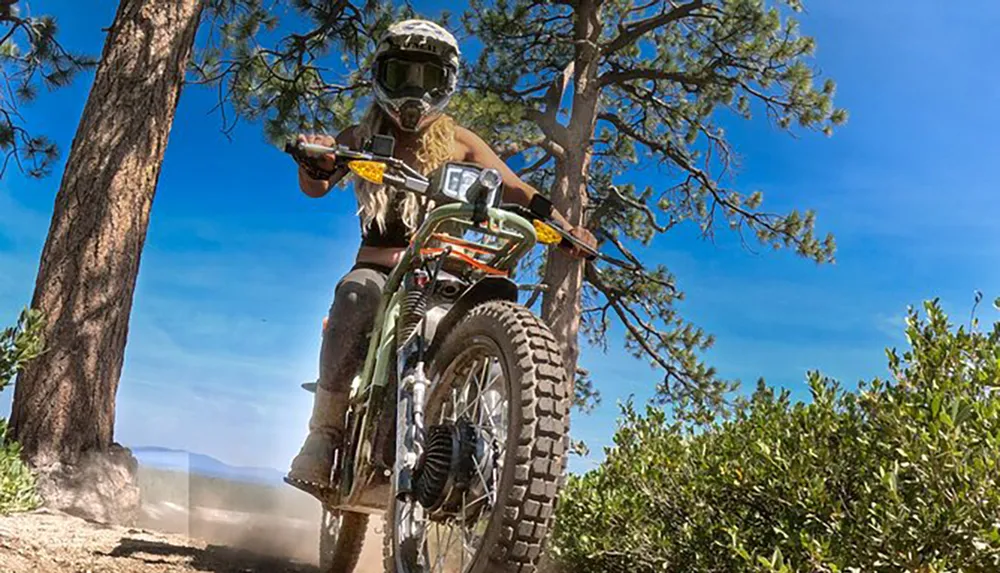 A dirt bike rider in full gear takes to a dusty trail amidst a wooded area under a clear blue sky