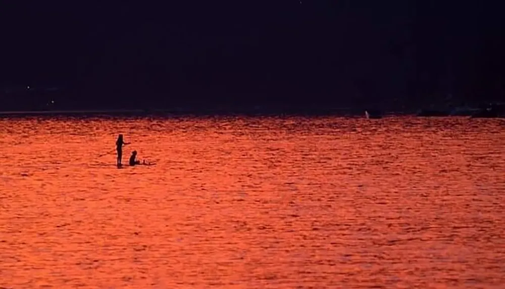 A person is standing on a paddleboard with a dog silhouetted against the shimmering reddish-orange hues of a body of water at sunset