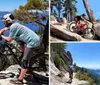 Two mountain bikers are navigating a rocky trail amidst trees under a clear blue sky