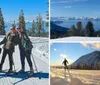 Four people are smiling for the camera while standing on a snowy slope with cross-country skis against a backdrop of snow-covered trees and a blue lake in the distance