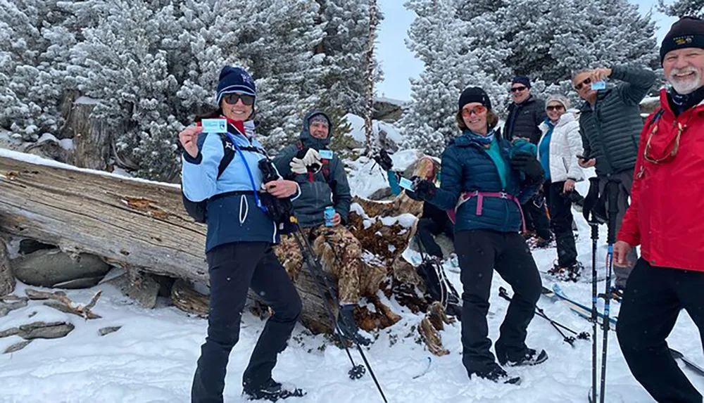 A group of happy hikers is posing with their cards in a snowy forest setting