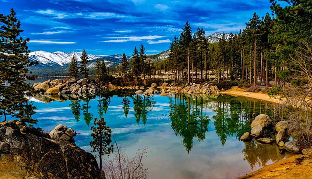 The image shows a serene lakeside setting with pine trees and snow-capped mountains reflecting on the calm clear water