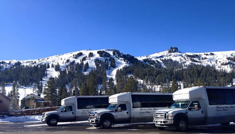 Two shuttle buses are parked at the base of a snow-covered mountain under a clear blue sky