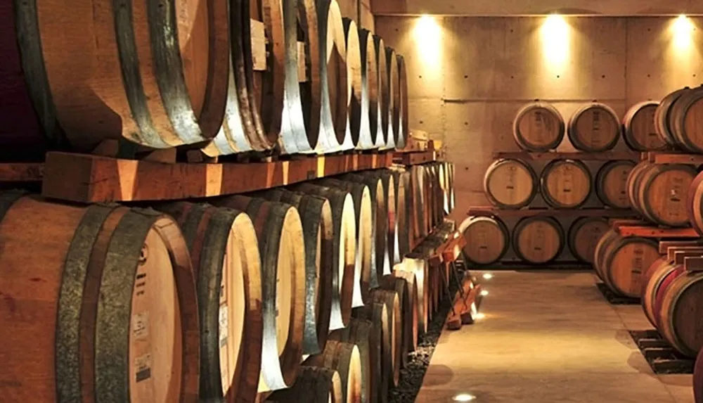 Wooden barrels are stacked in neat rows in a dimly lit wine cellar suggesting the aging process of wine or spirits
